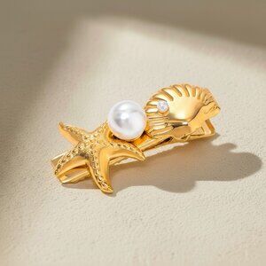 18K Gold Plated  Stainless Steel Starfish Shell Pearl Mini Hair Clip Coastal